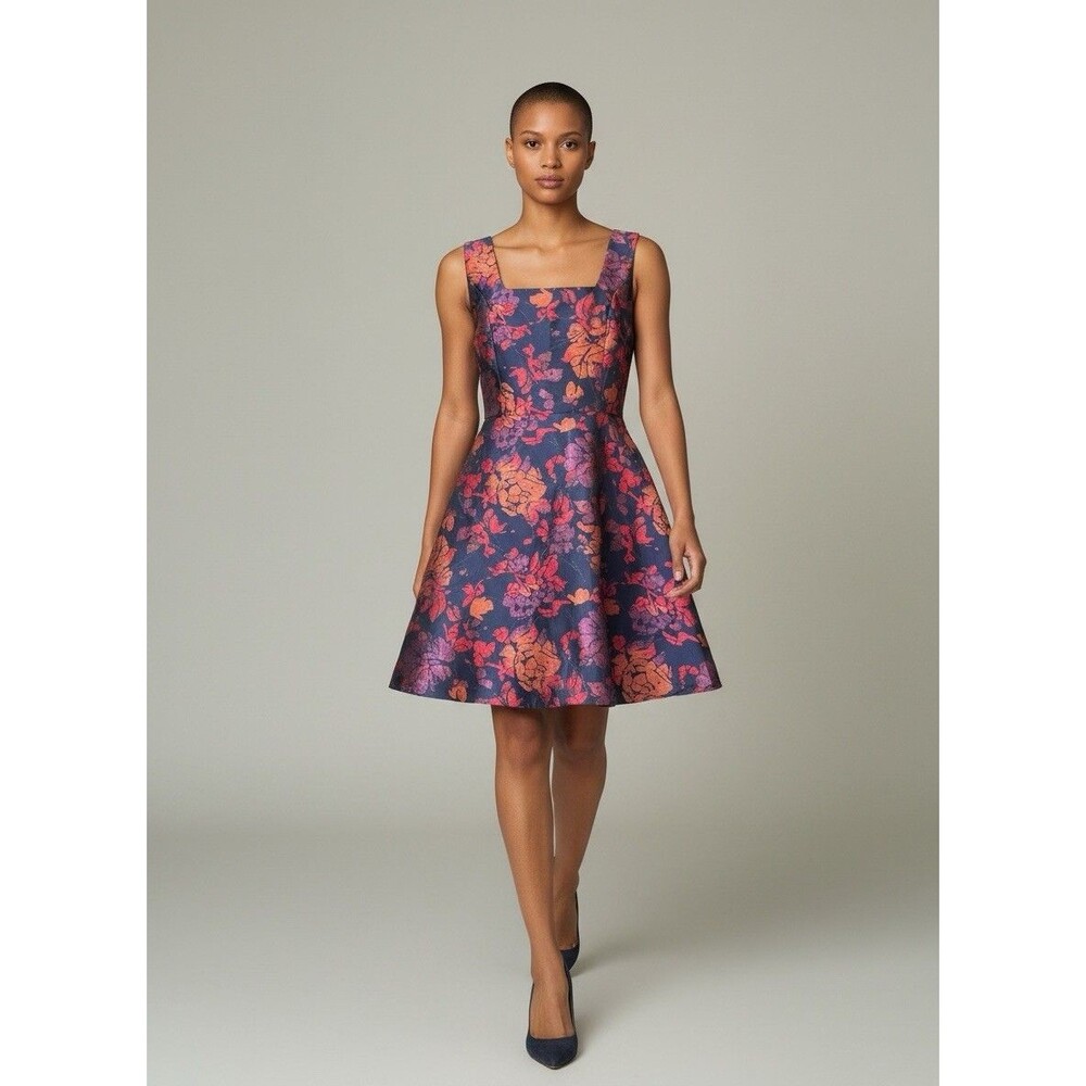ModCloth Navy Floral Brocade RSVP Dress Sz 14 Metallic Fit Flare Cocktail Midi